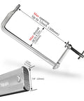 Heavy Duty 12 Inch F Clamp Set 4 Pack For Welding Woodworking And Metalworking 1320 Lb Load Capacity, showing measurements