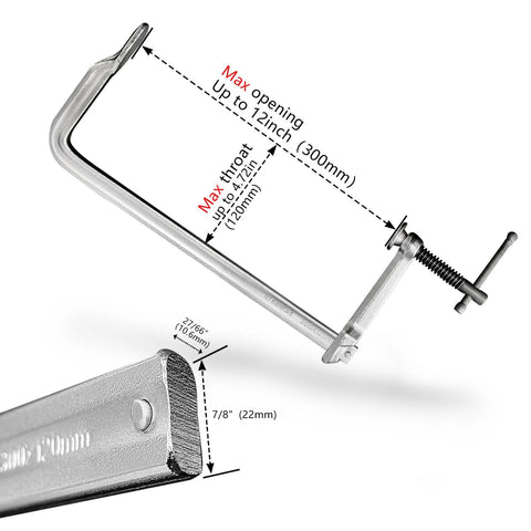 Heavy Duty 12 Inch F Clamp Set 4 Pack For Welding Woodworking And Metalworking 1320 Lb Load Capacity, showing measurements