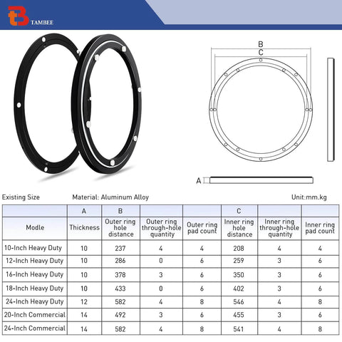 12 Inch Heavy Duty Lazy Susan Hardware, Metal Rotating Turntable Bearing Ring with measurements and specifications chart
