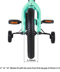 Front view of green kids bike with 12 inch air rubber tire, black steel rim, stainless spokes, and training wheels installed, measuring 3.74 inches wide