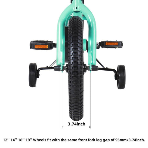 Front view of green kids bike with 12 inch air rubber tire, black steel rim, stainless spokes, and training wheels installed, measuring 3.74 inches wide
