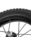 12 Inch Kids Bike Front Wheel Replacement with Air Rubber Tire, Black Steel Rim, Stainless Spokes, close-up view.