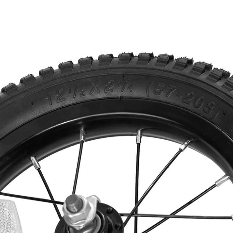 12 Inch Kids Bike Front Wheel Replacement with Air Rubber Tire, Black Steel Rim, Stainless Spokes, close-up view.
