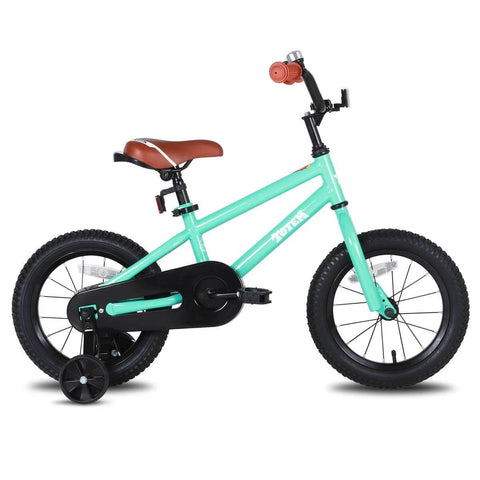 Side view of a mint green 12 inch kids bike with training wheels, showcasing 12 Inch Kids Bike Front Wheel Replacement with Air Rubber Tire.