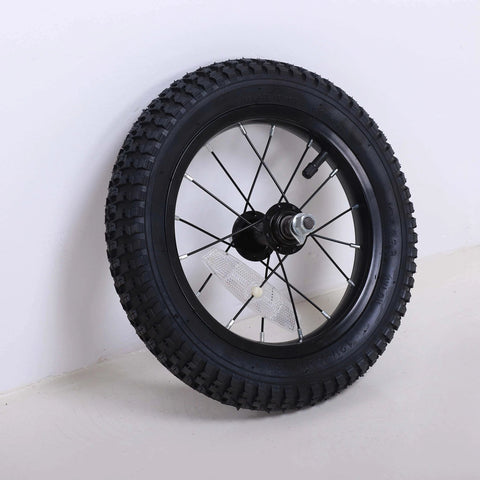 12 Inch Kids Bike Front Wheel Replacement with Air Rubber Tire, Black Steel Rim, Stainless Spokes, 3/8 inch axle, Schrader tube pre mounted