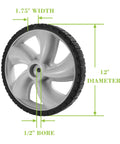12 Inch Rear Wheel Replacement for Arnold 490-324-0002 showing dimensions, 12x1.75 Inch Plastic Lawn Mower Wheels with Bar Tread