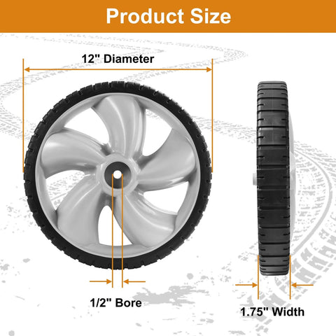 12 Inch Lawn Mower Rear Wheels 2 Pack Replacement for Arnold 490-324-0002 with 12x1.75 Inch size and 1/2 Inch nylon hub