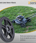 12 Inch Lawn Mower Wheels 2 Pack for Push Mowers, Inner and Outer Bearing Design, installed on a lawn mower showing wheel detail.