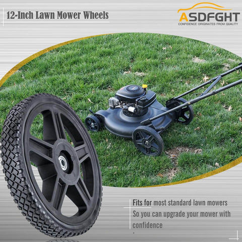12 Inch Lawn Mower Wheels 2 Pack for Push Mowers, Inner and Outer Bearing Design, installed on a lawn mower showing wheel detail.