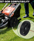 4 Pack 12 Inch Lawn Mower Wheels with Bolts and Lock Nuts attached to a push mower, showing traction tread and PVC build