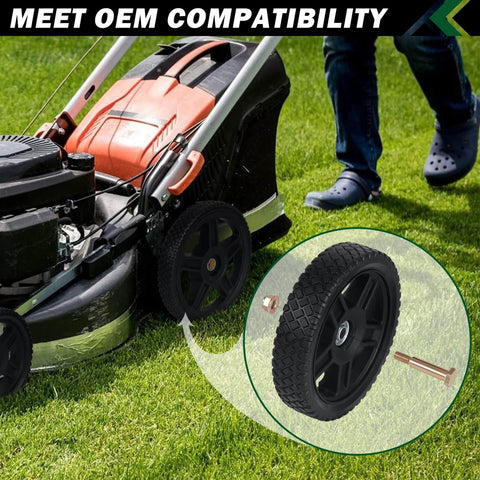 4 Pack 12 Inch Lawn Mower Wheels with Bolts and Lock Nuts attached to a push mower, showing traction tread and PVC build