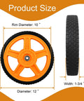 Product size chart for 12 Inch Lawn Mower Wheels for Push Mowers, Plastic PU Wheels, showing rim diameter 10 inch, width 1-3/4.