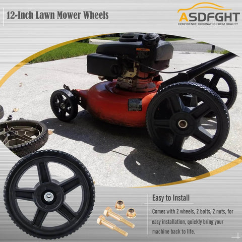 12 Inch Lawn Mower Wheels 2 Pack for Push Mowers next to a lawn mower, showing inner and outer bearing design, bolts and nuts included