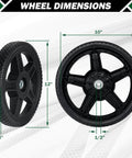 12 Inch Lawn Mower Wheels 2 Pack with Bolts and Lock Nuts showing measurements for Push Mower Replacement Wheels.