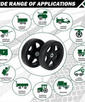 4 Pack 12 Inch Lawn Mower Wheels with Bolts and Lock Nuts, displayed with application icons for various equipment