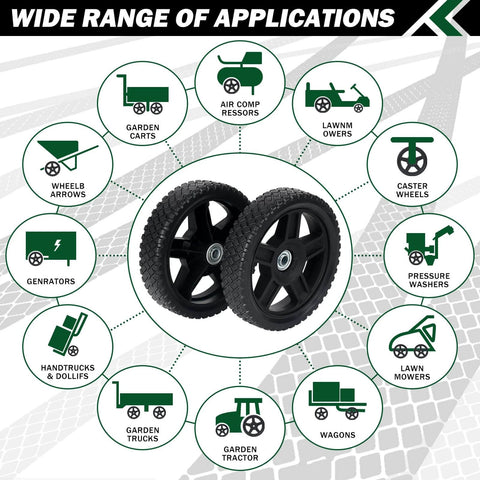4 Pack 12 Inch Lawn Mower Wheels with Bolts and Lock Nuts, displayed with application icons for various equipment