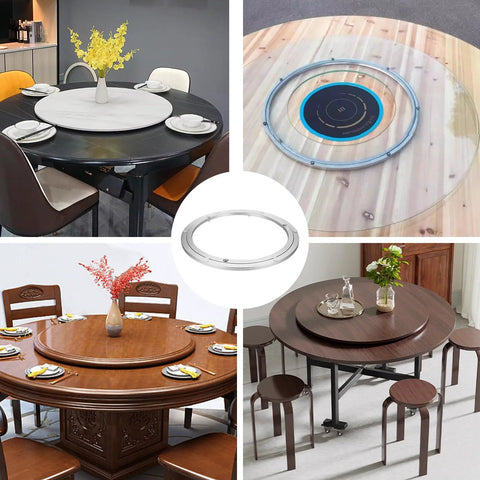 Collage of 2 Pack 12 Inch Lazy Susan Bearing Set Heavy Duty Aluminum Alloy Turntable used on various dining tables and workbenches