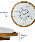 12 inch acacia wood lazy susan turntable with removable glass plate, showing marble texture top and dimensions.