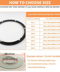 Size guide for choosing 12 Inch Heavy Duty Lazy Susan Hardware, Metal Rotating Turntable Bearing Ring for different table diameters.