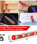 12 Inch Torpedo Level used on wood beam, carrying in pocket, magnetic attachment, aluminum with 4 bubbles, V-groove featured