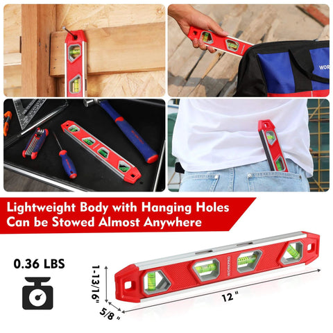 12 Inch Torpedo Level used on wood beam, carrying in pocket, magnetic attachment, aluminum with 4 bubbles, V-groove featured