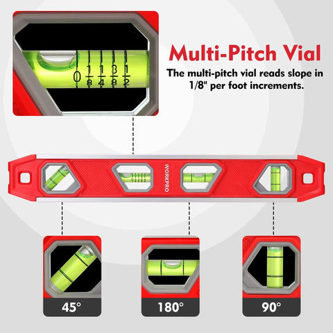 12 Inch Torpedo Level, Magnetic Small Leveler Tool, Plumbing Level with Pitch Vial, feature-focused with multiple bubble vials