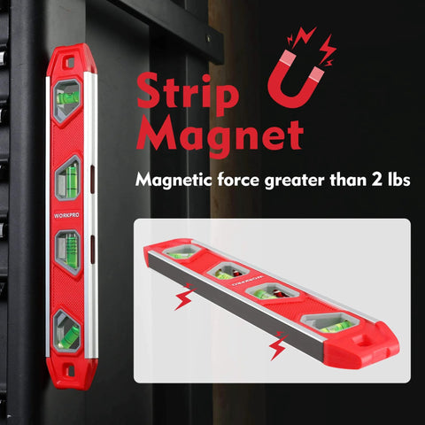 12 Inch Torpedo Level, Magnetic Small Leveler Tool attached vertically to metal surface, red and aluminum body, showing bubble vials