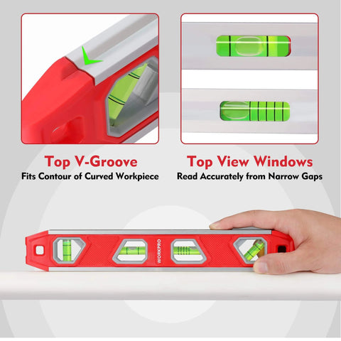12 Inch Torpedo Level, Magnetic Small Leveler Tool with top V-groove, aluminum reinforced, 4 bubbles for conduit bending.