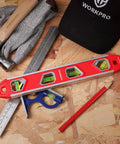 12 Inch Torpedo Level, Magnetic Small Leveler Tool on workbench with tools, showing 4 bubbles and aluminum reinforced body