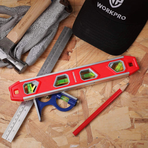 12 Inch Torpedo Level, Magnetic Small Leveler Tool on workbench with tools, showing 4 bubbles and aluminum reinforced body