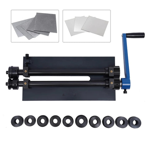12 Inch Gear Drive Bead Roller Machine with bench mount and 6 dies for sheet metal, shown with metal sheets and manual handle
