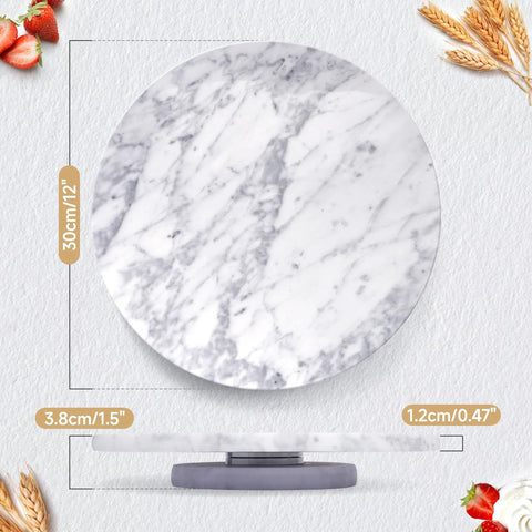 12 Inch Marble Lazy Susan Cake Turntable For Decorating And Display Natural White Marble With Gray Veining Top View
