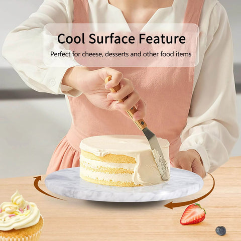 12 inch marble lazy susan turntable made from natural marble, rotating tray for cake decorating and serving desserts.