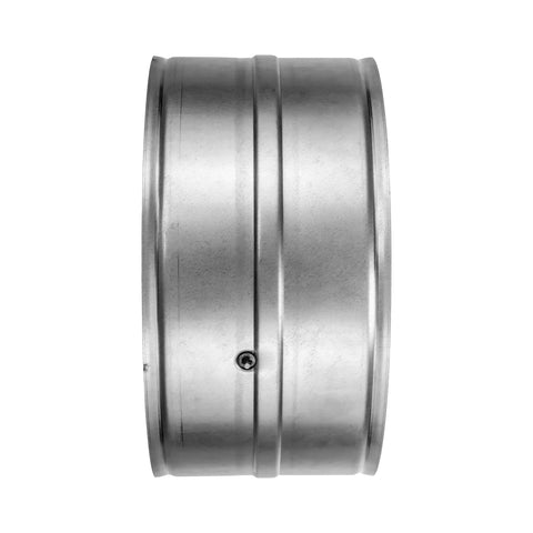 Side view of a 12 Inch Backdraft Damper For Ducts, One Way Airflow Inline Vent Deflector With Auto Opening Spring, metal, cylindrical design