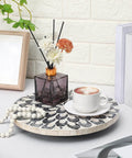 12 inch mother of pearl lazy susan turntable with floral pattern, decorative wooden rotating tray on a table with coffee and flowers.