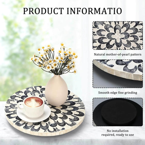 12 inch mother of pearl lazy susan turntable with floral pattern, decorative wooden rotating tray with coffee and flowers.