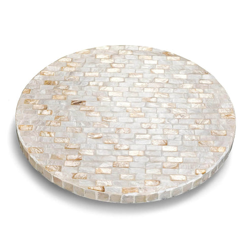 12 inch mother of pearl lazy susan turntable with marble pattern, decorative wooden rotating tray top view.