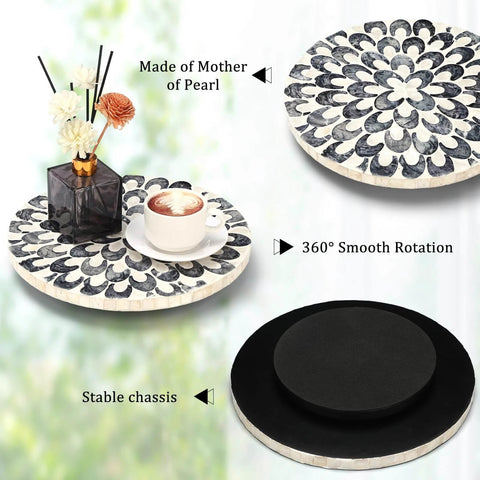 12 inch mother of pearl lazy susan turntable with floral pattern showcasing smooth rotation and stable chassis, ideal for kitchen use.