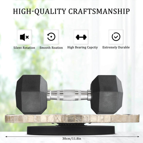 12 inch mother of pearl lazy susan turntable with floral pattern, decorative wooden rotating tray and dumbbells.