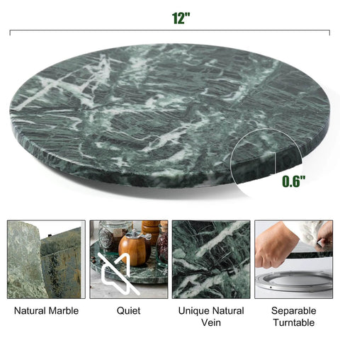12 inch marble lazy susan turntable made from natural green marble, top view showing unique natural veins and smooth finish.