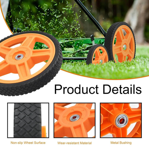 Close-up of 12 Inch Lawn Mower Wheels for Push Mowers, Plastic PU Wheels with Bolts & Nuts, on grass, showing non-slip surface.