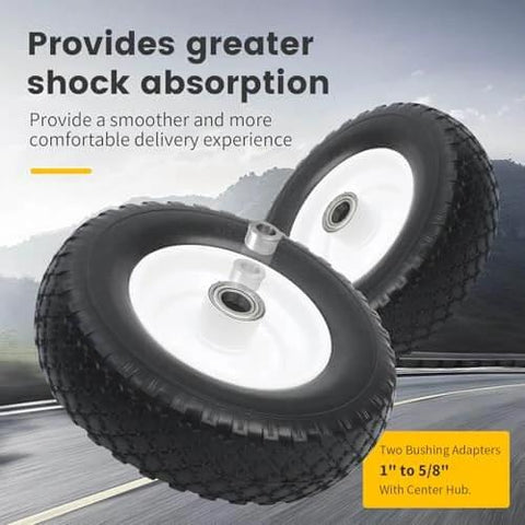 12 Inch Flat Free Solid Polyurethane Tire and Wheel, Black All Purpose Replacement with 1 Inch Bore, 1 to 5/8 Inch Bushing Adapters