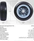 12 Inch Solid Flat Free PU Tire and Wheel with 5/8 Inch Axle Bore, 4 Inch Wide, 3 Inch Offset Hub, side and front view with dimensions