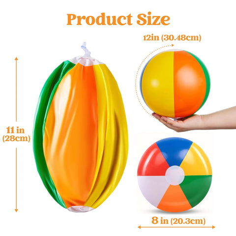 12-Pack 12“ Beach Balls - Bulk Classic Beachball Inflatable Swimming Pool Toys for Games Adults Kids Birthday Party Supplies Combo Set, Rainbow Color Blow Up Luau Decorations Favors Gifts (12") showing deflated and inflated sizes.