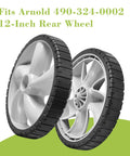 12 Inch Rear Wheel Replacement for Arnold 490-324-0002, 12x1.75 Inch Plastic Lawn Mower Wheels with Bar Tread, two wheels displayed