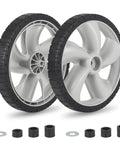 12 Inch Rear Lawn Mower Wheels Replacement for Arnold 490-324-0002 showing two plastic wheels with hubs and adapters