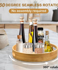 12 inch wooden lazy susan turntable organizer with handles, rotating acacia wood tray with condiments for kitchen countertops.