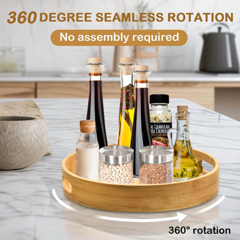 12 inch wooden lazy susan turntable organizer with handles, rotating acacia wood tray with condiments for kitchen countertops.