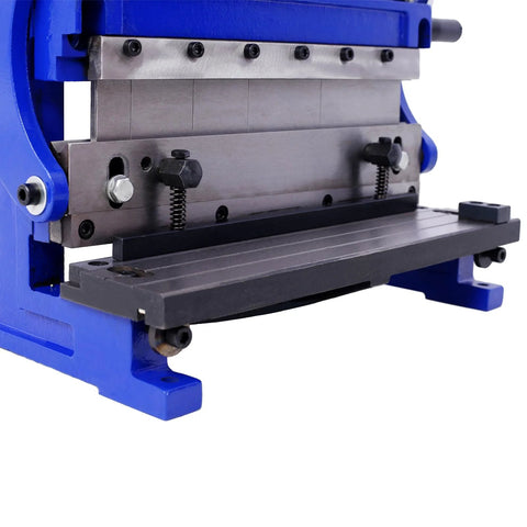 Close-up of 3-In-1 12 Inch Sheet Metal Machine with shear press brake and slip roll for bending, cutting, rolling, and space saving.