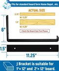 Diagram showing 12 inch Shelf Brackets 6-Pack, 1/5 inch Thick Heavy Duty Industrial Bracket dimensions and fit for standard boards.